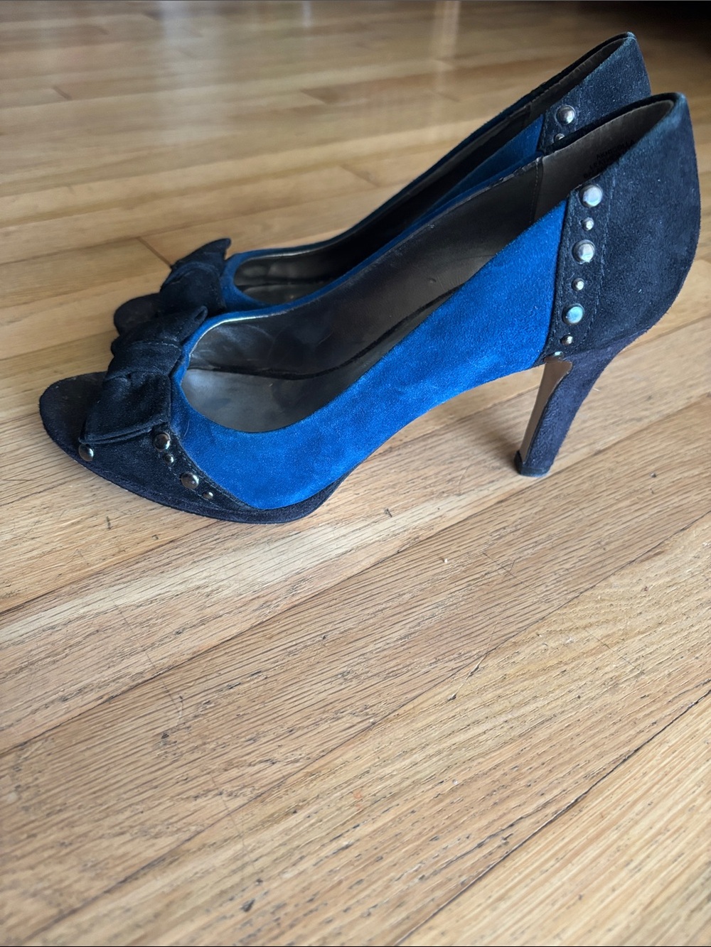 Anne Klein Blue and Black Suede Peep-Toe Heels with Bow
